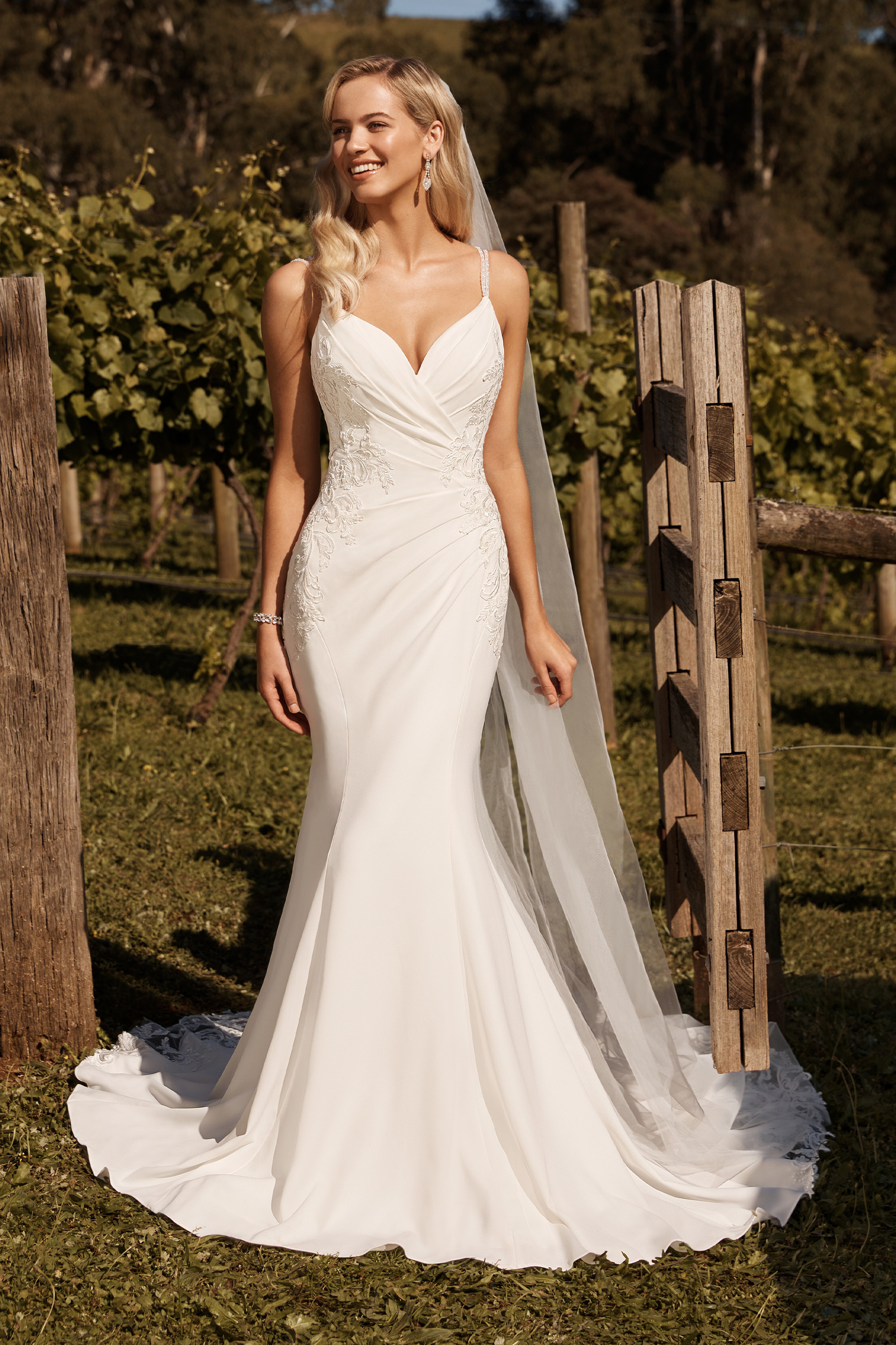 Classic Crepe Fit and Flare Wedding Gown with Lace Train